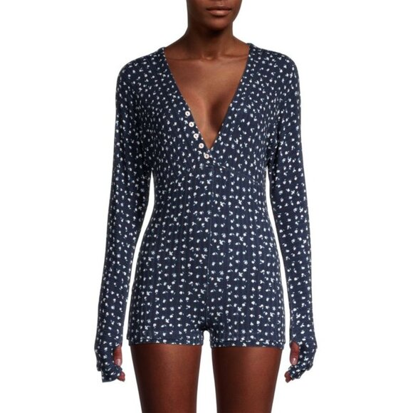 Free People Navy Floral L/S Thumbhole Romper PJ | Soft Girl Boho Coquette Lounge - Picture 15 of 16